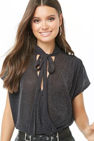Forever21 Glitter Knit Tie-neck Top