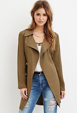 Forever21 Women's  Olive Longline Belted Coat