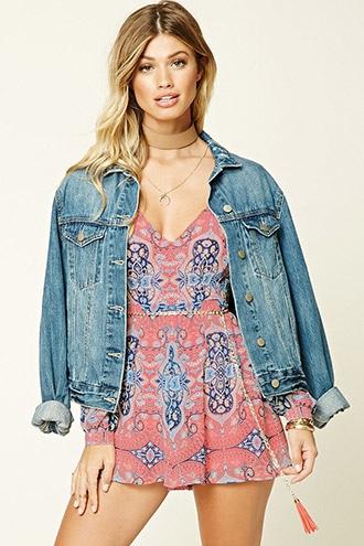 Forever21 Women's  Coral Ornate Print Belted Romper