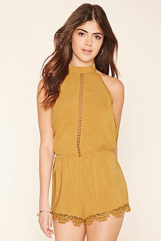 Forever21 Women's  Mustard Ornate Crochet-trim Romper