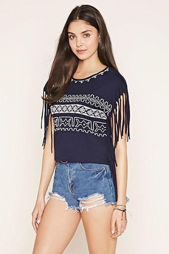 Forever21 Women's Fringed Geo-embroidered Top