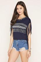Forever21 Women's  Fringed Geo-embroidered Top