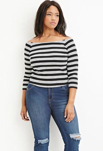Forever21 Plus Women's  Striped Off-the-shoulder Top