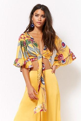 Forever21 Feather Print Tie-front Crop Top