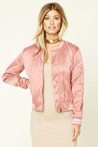 Forever21 Women's  Pink Twelve Quilted Satin Bomber Jacket