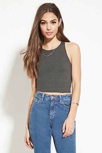 Forever21 Women's  Charcoal Heather Heathered Knit Crop Top