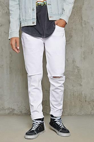 21 Men Men's  White Ripped Knee Skinny Jeans