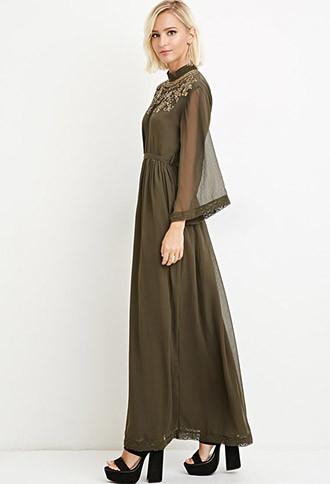 Forever21 Women's  Sequin Chiffon Maxi Dress (olive/copper)