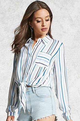 Forever21 Tie-front Striped Blouse