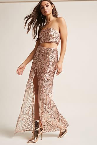 Forever21 Mesh Sequin Crop Tube Top & Maxi Skirt Set