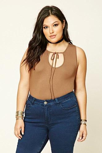 Forever21 Plus Women's  Coffee Plus Size Tie-neck Bodysuit