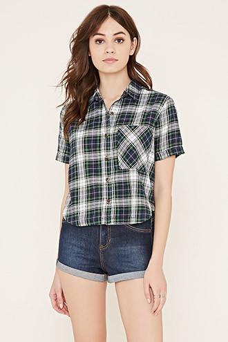 Forever21 Women's  Green & Cream Tartan Plaid Pocket Shirt