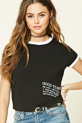 Forever21 Women's  Black & Cream Good Vibes Ringer Tee
