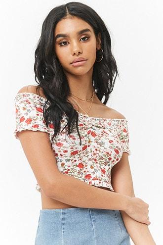Forever21 Floral Off-the-shoulder Ruffle-trim Crop Top