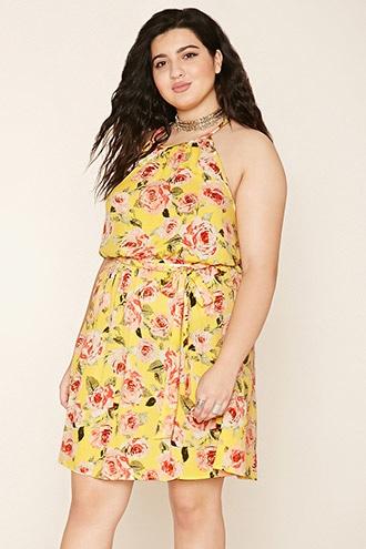 Forever21 Plus Women's  Yellow & Pink Plus Size Floral Print Dress