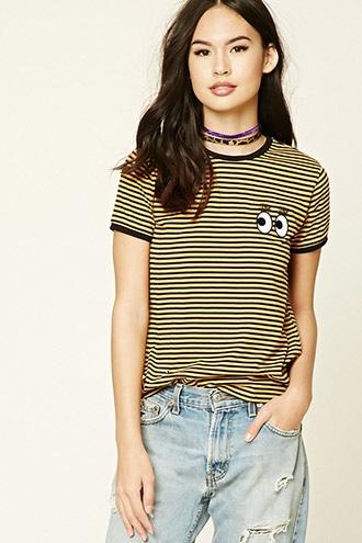 Forever21 Women's  Eyes Striped Ringer Tee