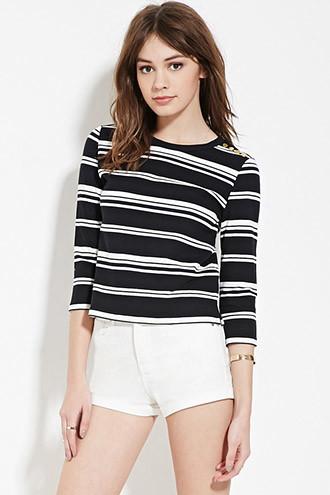 Forever21 Women's  Black & Cream Buttoned Stripe Top