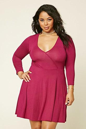 Forever21 Plus Women's  Magenta Plus Size Surplice Skater Dress