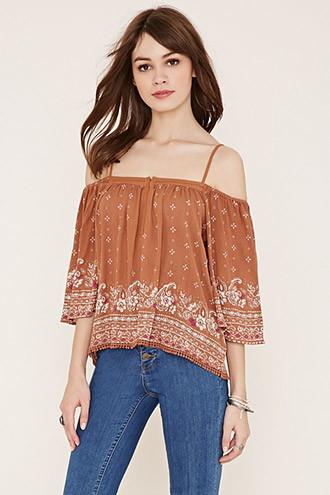 Forever21 Women's  Brown & Peach Open-shoulder Crepe Top