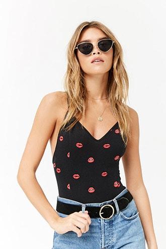 Forever21 Strappy Lip Graphic Print Bodysuit