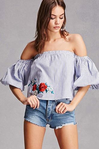 Forever21 Embroidered Puff-sleeve Top