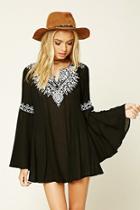 Forever21 Women's  Black & Cream Embroidered Bell-sleeve Top
