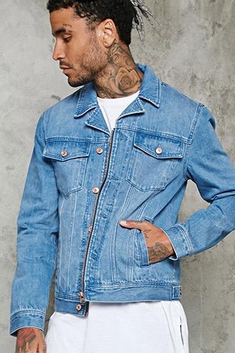 21 Men Men's  Denim Washed Zippered Denim Jacket