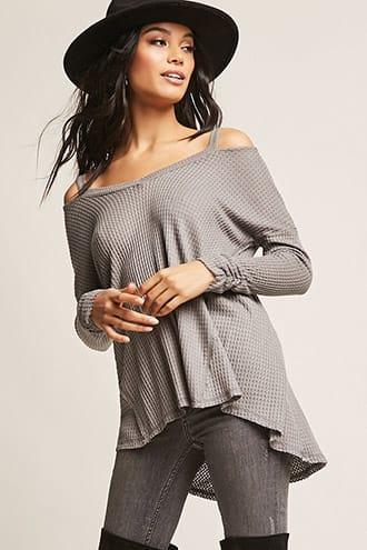 Forever21 Open-shoulder Waffle Knit Top