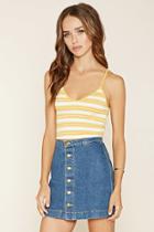 Forever21 Women's  Cream & Mustard Striped Ribbed Knit Crop Top