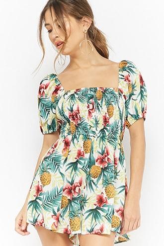 Forever21 Tropical Print Off-the-shoulder Smocked Romper