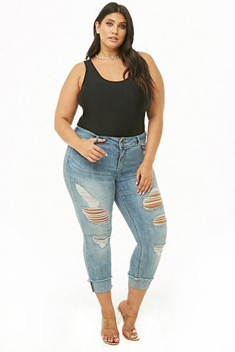 Forever21 Plus Size Distressed Cuffed Capri Jeans
