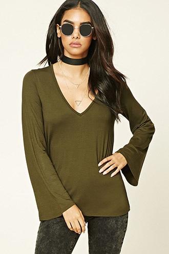 Forever21 Women's  Olive V-neck Bell-sleeve Top