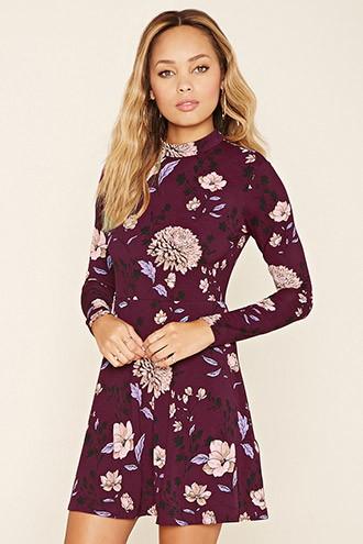 Forever21 Women's  Tie-neck Floral Skater Dress