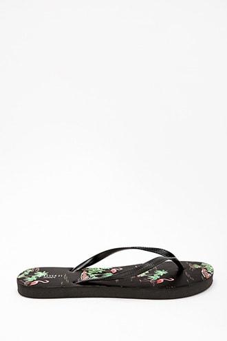 Forever21 Flamingo & Palm Tree Print Flip Flops