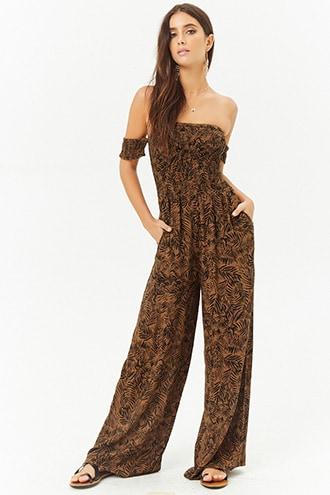 Forever21 Leaf Print Off-the-shoulder Jumpsuit