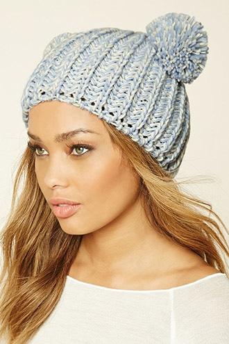 Forever21 Women's  Blue Pom-pom Ears Beanie