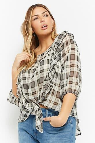 Forever21 Plus Size Sheer Plaid High-low Flounce Top