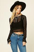 Forever21 Women's  Black Bell-sleeve Crochet Top