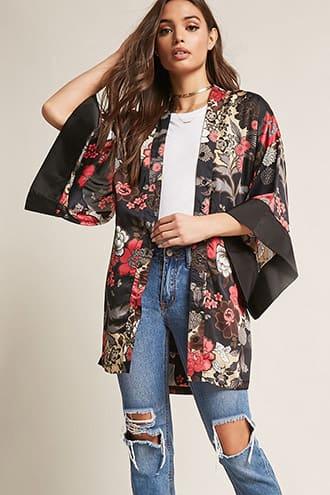 Forever21 Satin Floral Print Kimono Dress