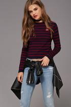 Forever21 Women's  Navy & Brick Stripe Wow Patch Sweater Top