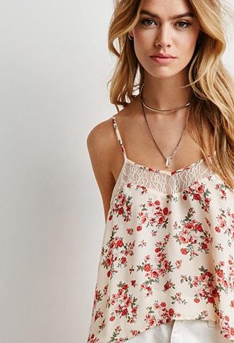 Forever21 Lace-paneled Rose Print Cami