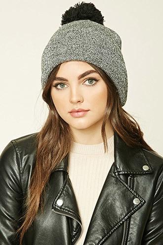 Forever21 Women's  Black & White Marled Knit Pom-pom Beanie