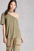 Forever21 Women's  Olive Vintage Ripped Neck Solid Tee