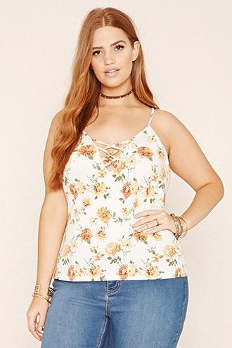 Forever21 Plus Women's  Cream & Gold Plus Size Floral Print Cami