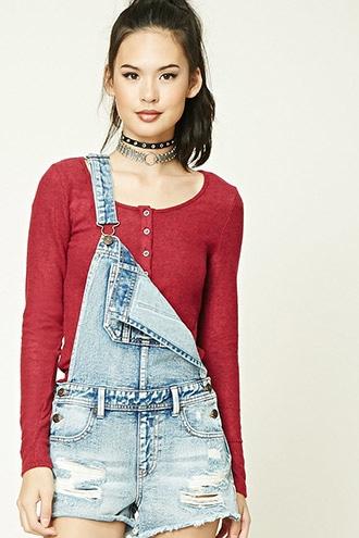 Forever21 Women's  Burgundy Marled Knit Henley Top