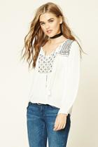 Forever21 Women's  Cream & Black Geo-embroidered Peasant Top