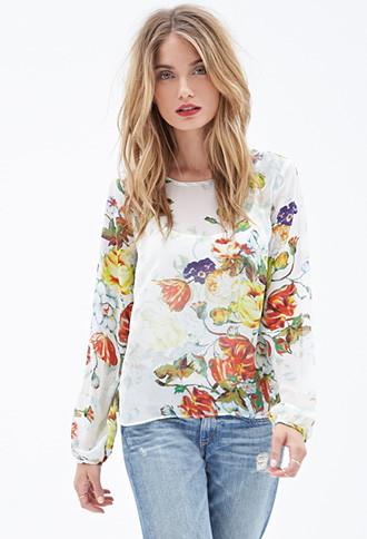 Love21 Watercolor Floral Chiffon Blouse