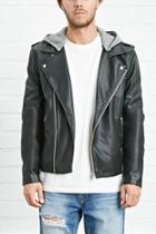 21 Men Men's  Black Hooded Faux Leather Moto Jacket