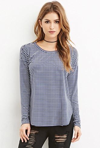 Forever21 Women's  Striped Long Sleeve Tee (indigo/cream)