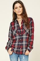 Forever21 Women's  Wine & Navy Patch Pocket Plaid Shirt